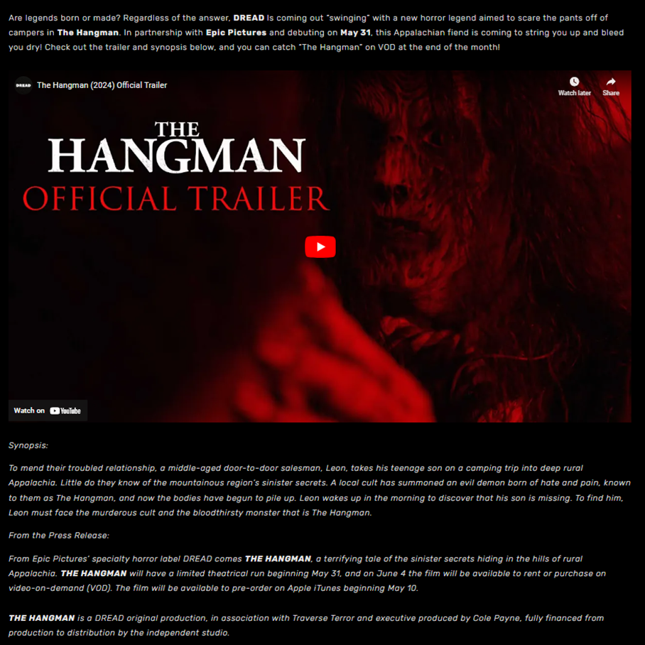 DREAD Introduces A New Horror Legend In THE HANGMAN Trailer