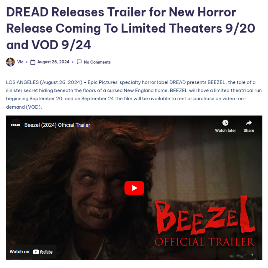 DREAD Releases Trailer for New Horror Release Coming To Limited Theaters 9/20 and VOD 9/24