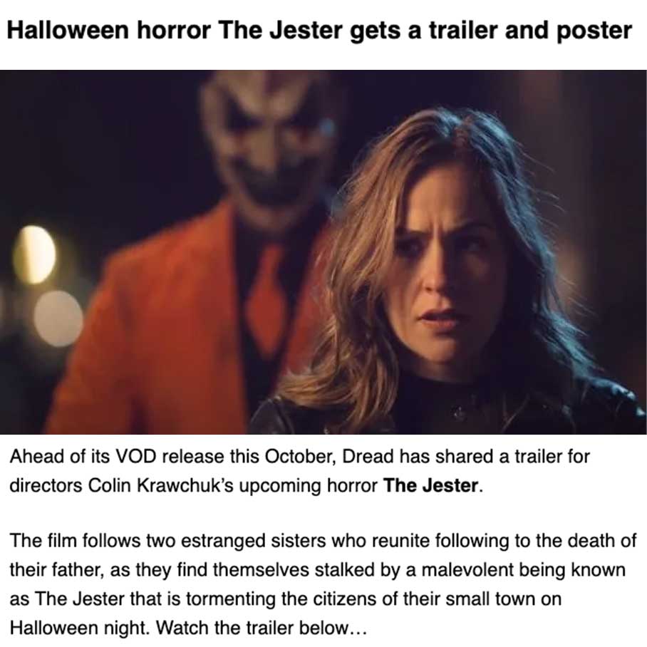 Halloween horror The Jester gets a trailer and poster