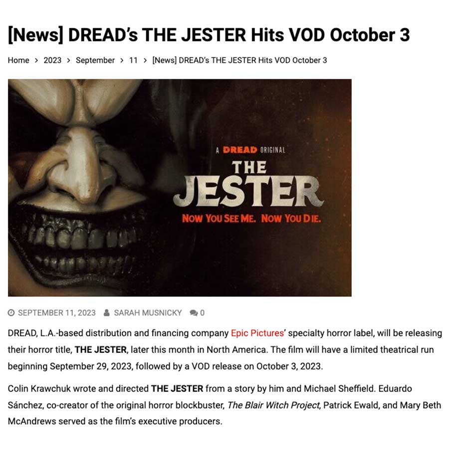 [News] DREAD’s THE JESTER Hits VOD October 3